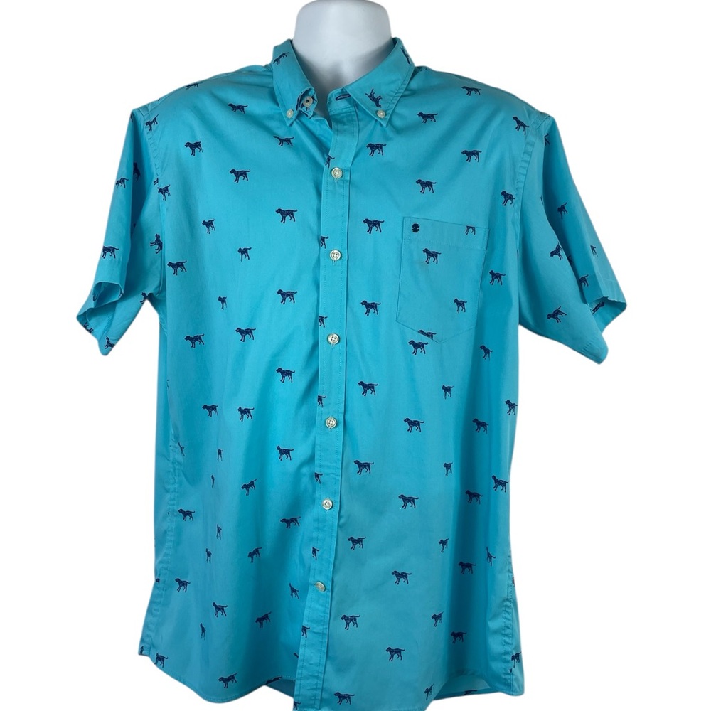 Izod Men's‎ Teal Dog Print Casual Button Down Short Sleeved Shirt, XL